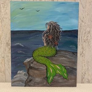 Hand crafted painted Mermaid Ocean Rock canvas wall Art 11X14” free handed